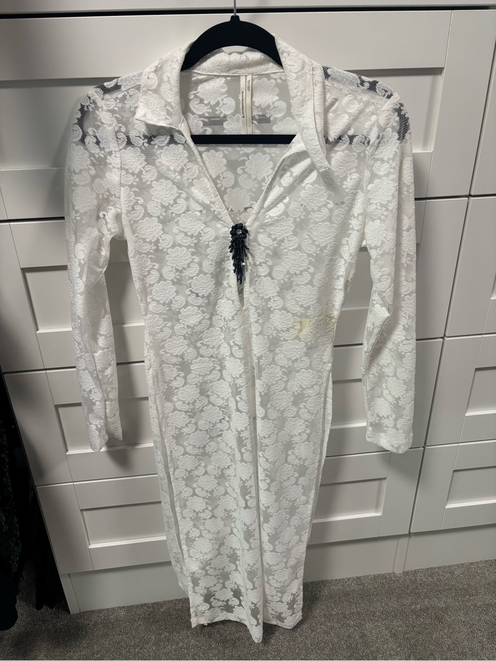 Anthropologie White Floral Lace Long-Sleeve Maxi Dress with Brooch